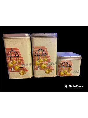 Vintage Tin canister flour sugar tea  tan red brickdesign